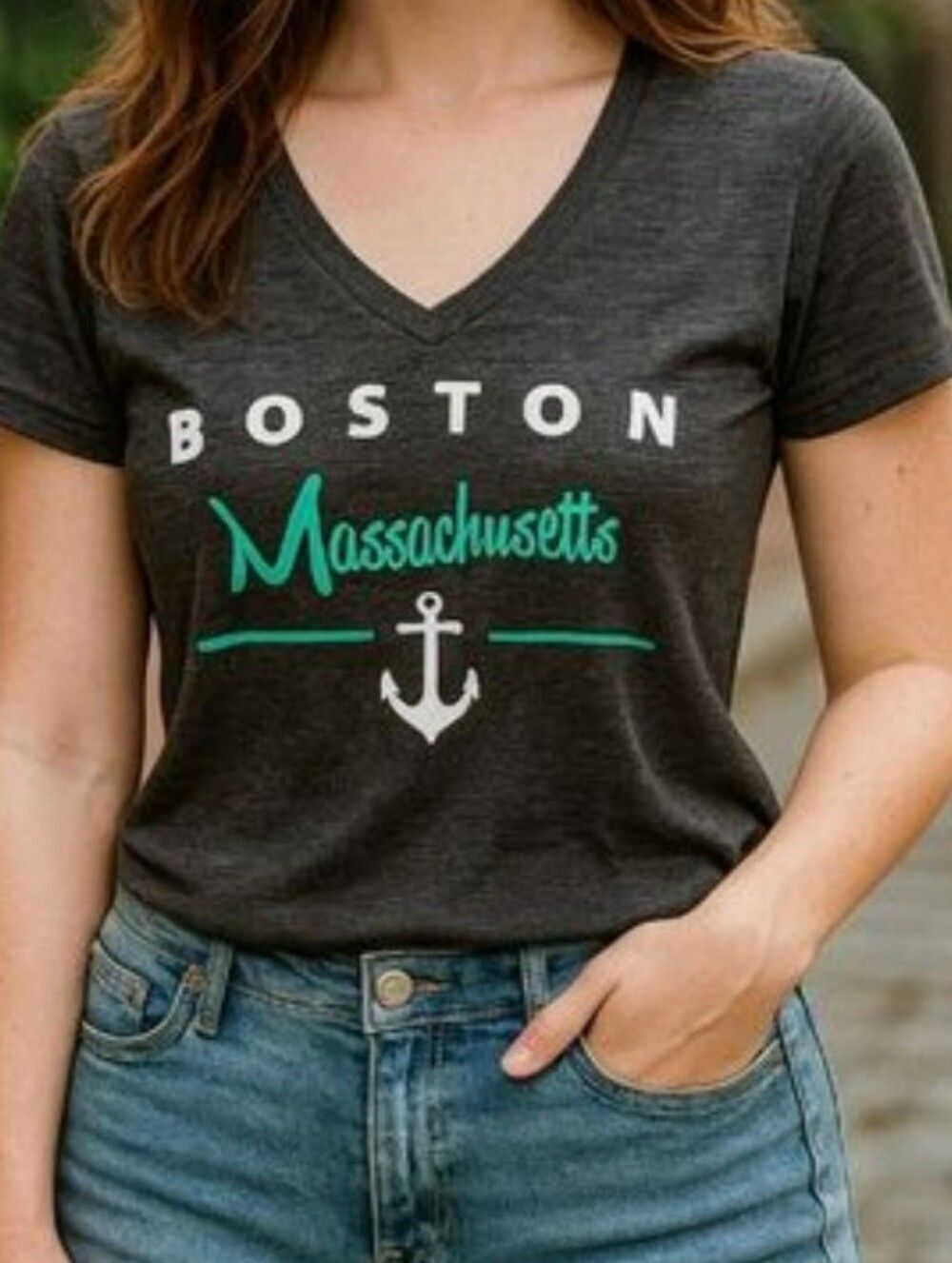 Boston Massachusetts Graphic Tee Size L Charcoal Gray V-Neck Anchor Print T-Shir